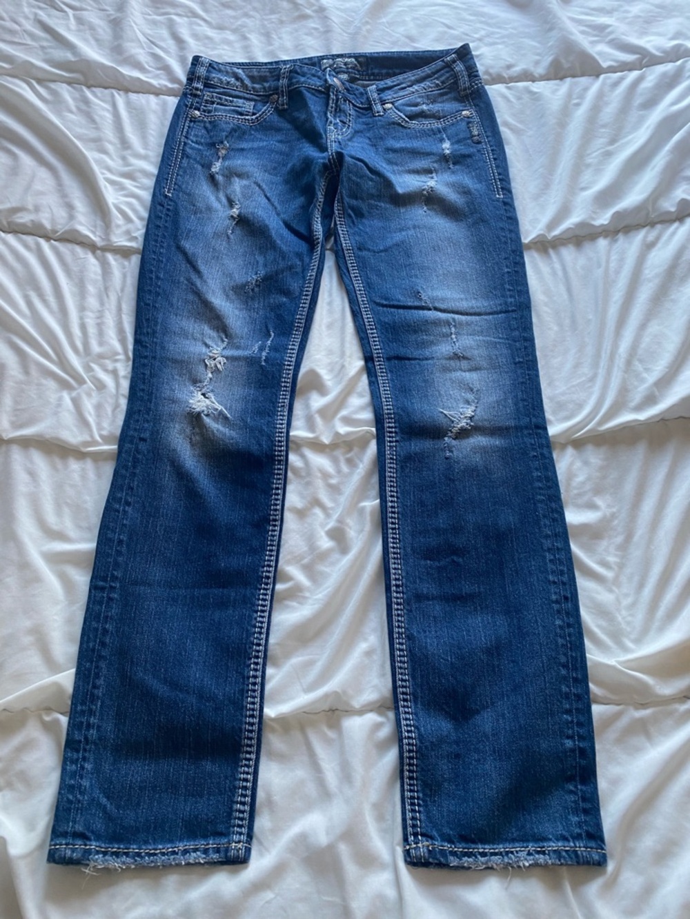 Aiko Distressed Blue Straight Leg Jeans